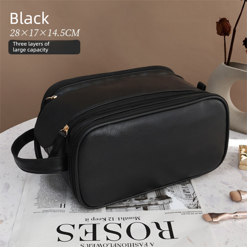 Luxury Black Large Capacity Makeup Bag β 3-Layer Double Zipper Travel Toiletry Organizer with Waterproof TPU Brush Holders