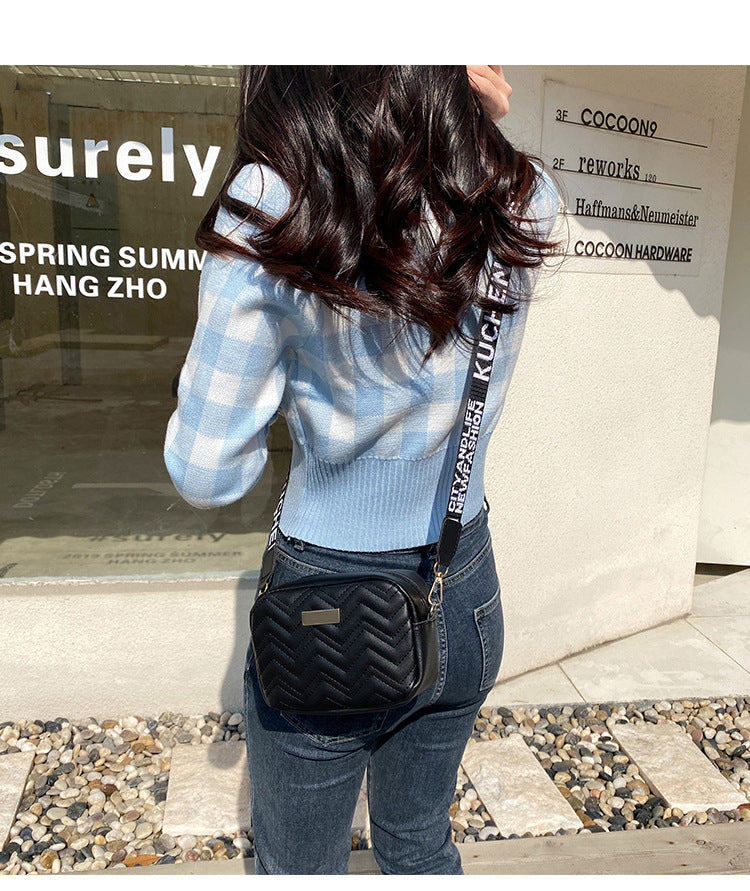 Women's Black Quilted Crossbody Bag Small PU Leather Shoulder Purse with Wide Patterned Strap Ideal for Travel and Daily Use