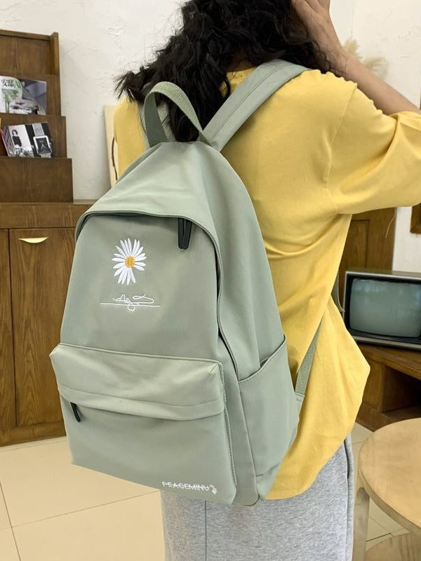 Daisy Embroidered Waterproof Backpack School Bag Green Nylon Laptop Daypack for High School Uni and Travel
