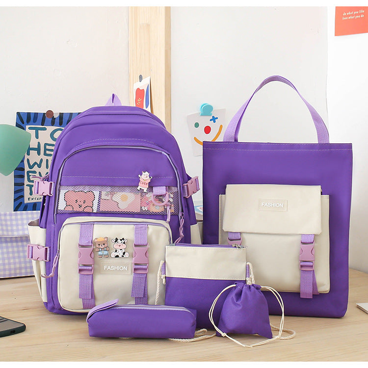 5 Piece Aesthetic School Backpack Set Purple Oxford Fabric Fits 14 Inch Laptop