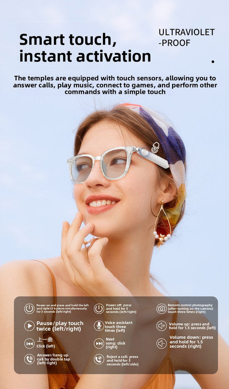 Blue Smart Audio Glasses with Photochromic Anti-Blue Light Lenses Open-Ear Bluetooth 5.4 Headset Hands-Free Calling & Music