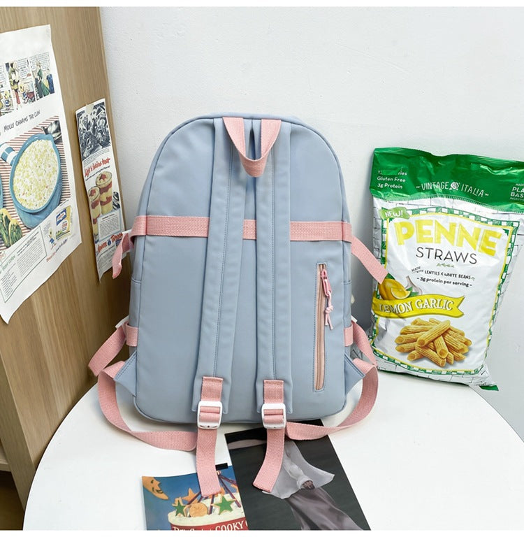 Women's Large Aesthetic School Backpack Pink Nylon Daypack with Cute Bear Plushie & Pins For High School and University
