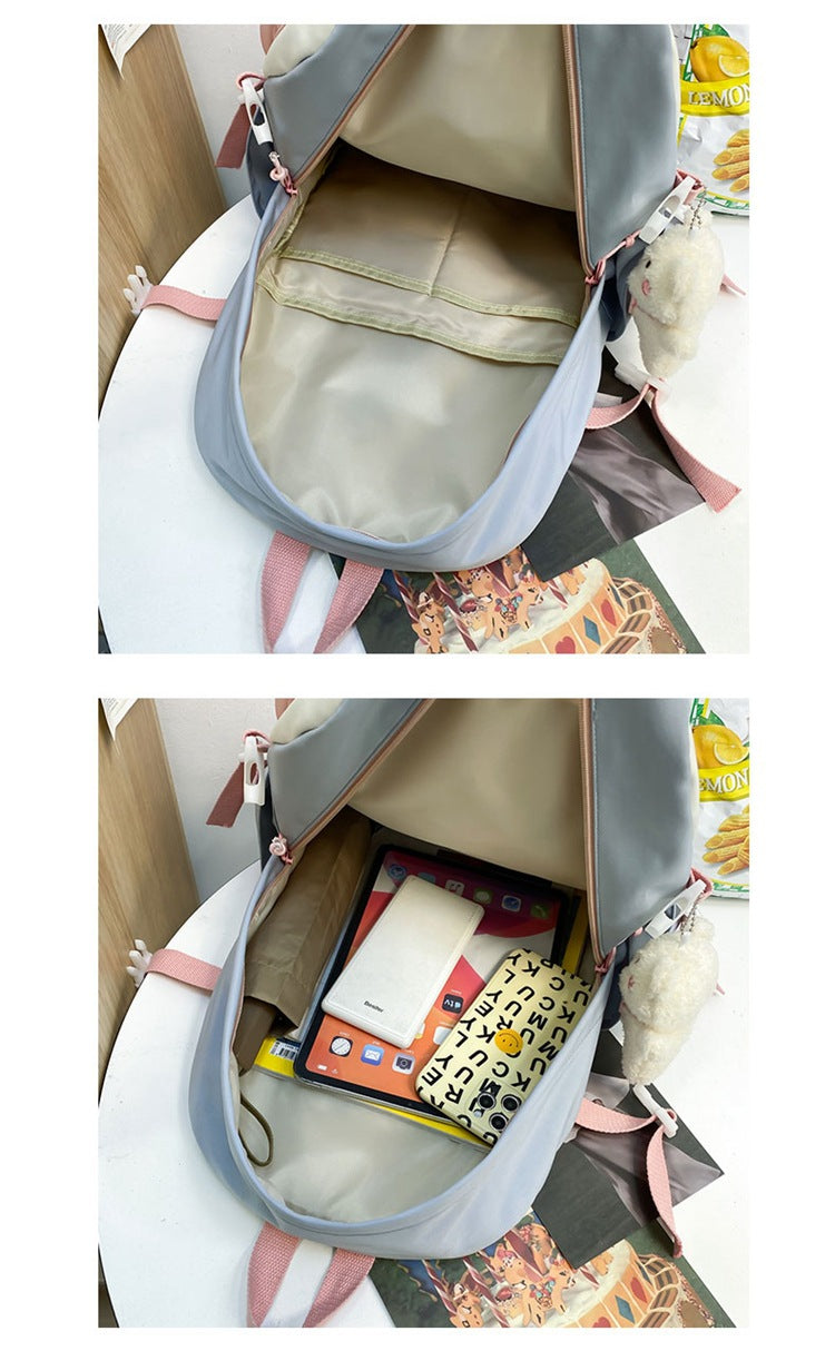 Women's Large Aesthetic School Backpack Pink Nylon Daypack with Cute Bear Plushie & Pins For High School and University