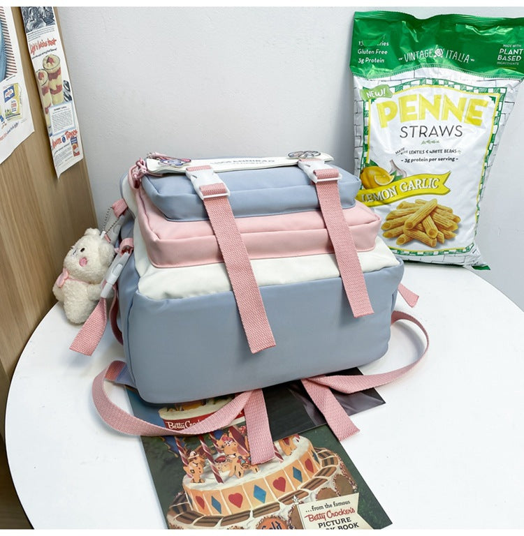 Women's Large Aesthetic School Backpack Blue Nylon Daypack with Cute Bear Plushie & Pins For High School and University