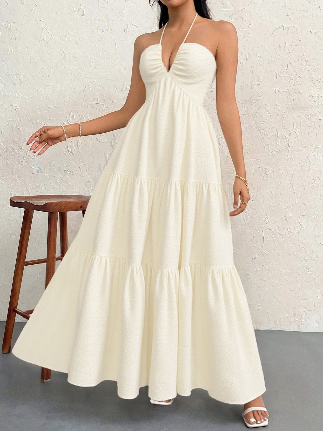 Apricot M Size Women's Elegant Halter Maxi Dress Summer Backless V-Neck Sleeveless Long Beach Resort Gown