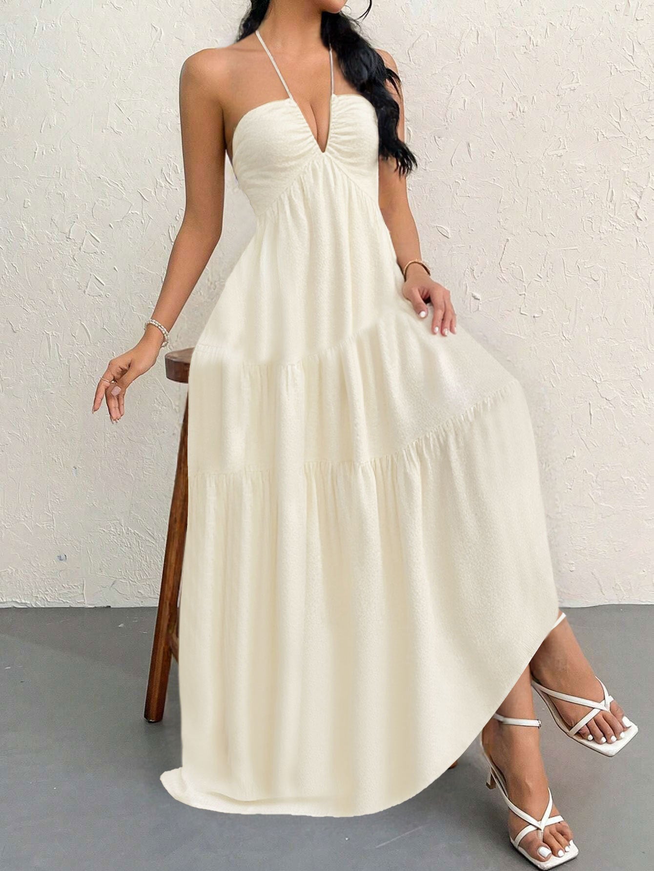 Apricot L Size Women's Elegant Halter Maxi Dress Summer Backless V-Neck Sleeveless Long Beach Resort Gown