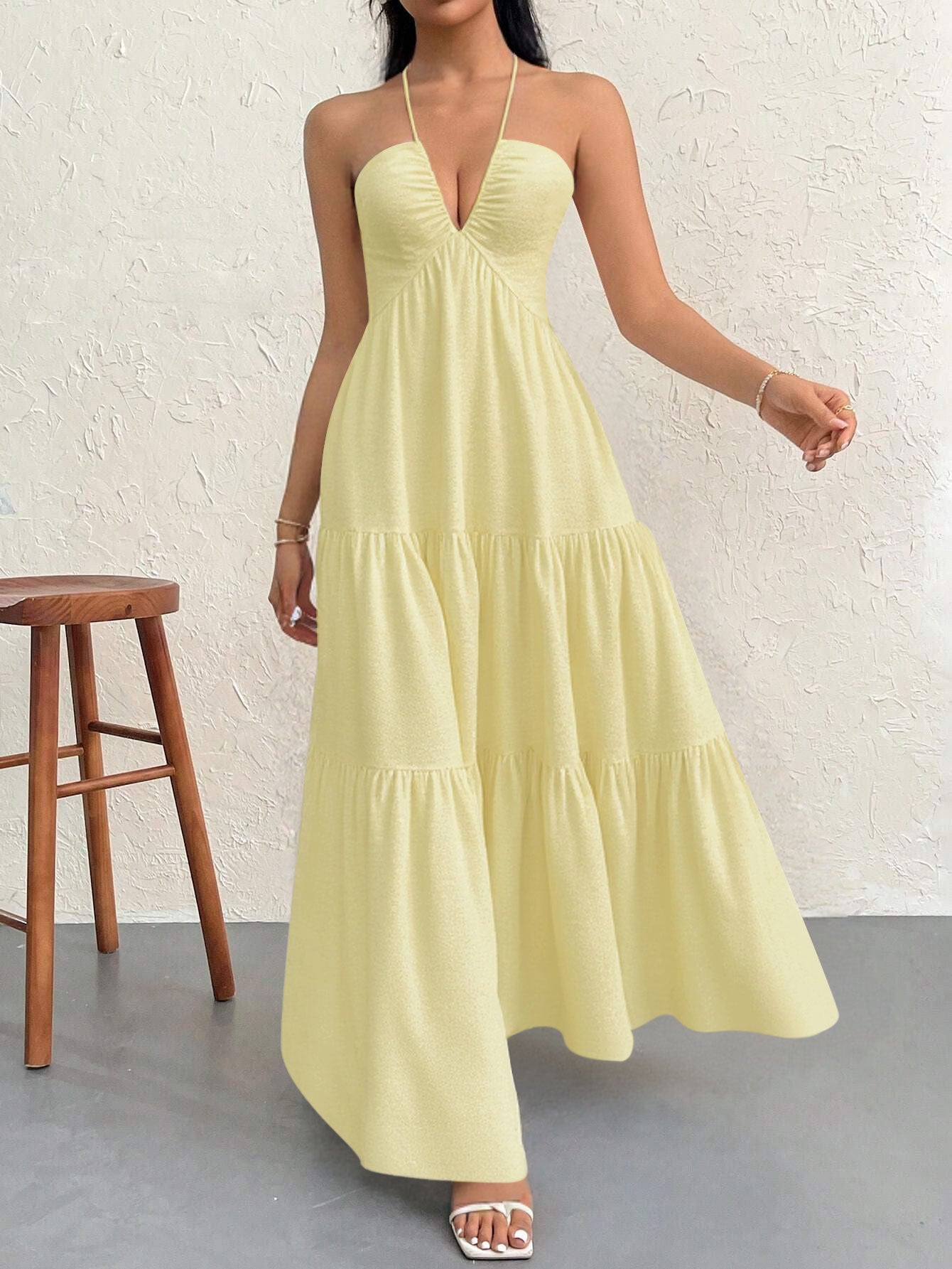 Yellow S Size Women's Elegant Halter Maxi Dress Summer Backless V-Neck Sleeveless Long Beach Resort Gown