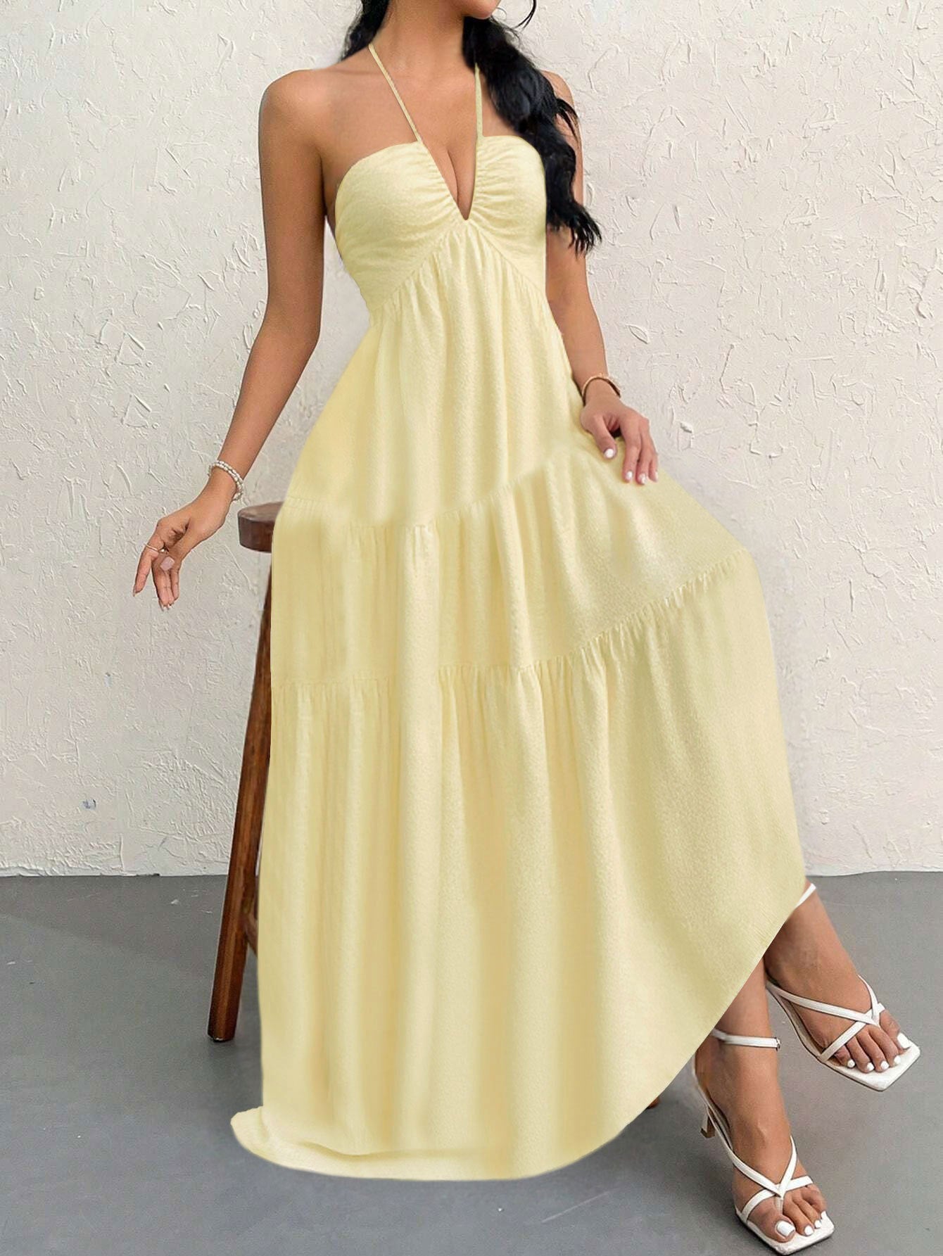 Yellow S Size Women's Elegant Halter Maxi Dress Summer Backless V-Neck Sleeveless Long Beach Resort Gown