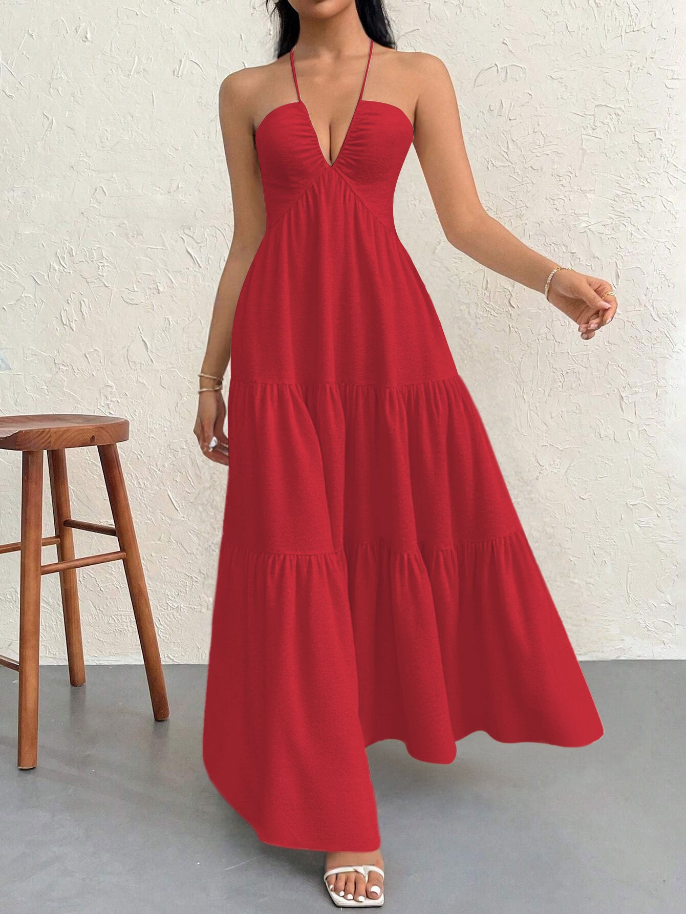 Red L Size Women's Elegant Halter Maxi Dress Summer Backless V-Neck Sleeveless Long Beach Resort Gown