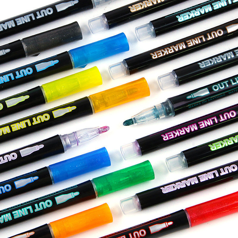 24 Piece Double Line Outline Pen Set Glitter Paint Markers 12 Colors Self-Outline Metallic Shimmer Pens for DIY Crafts Cards