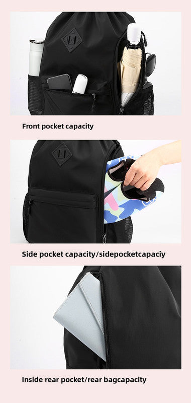 Large Drawstring Backpack Waterproof Gym Bag Lightweight Sports Sackpack with Zipper Pockets for Travel and Swimming Black