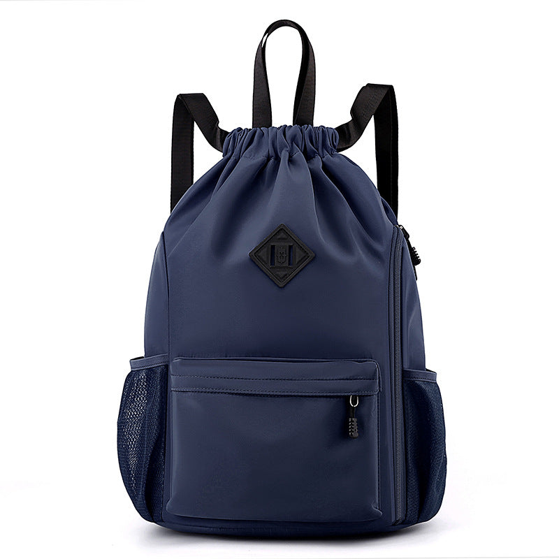 Large Drawstring Backpack Waterproof Gym Bag Lightweight Sports Sackpack with Zipper Pockets for Travel and Swimming navy blue