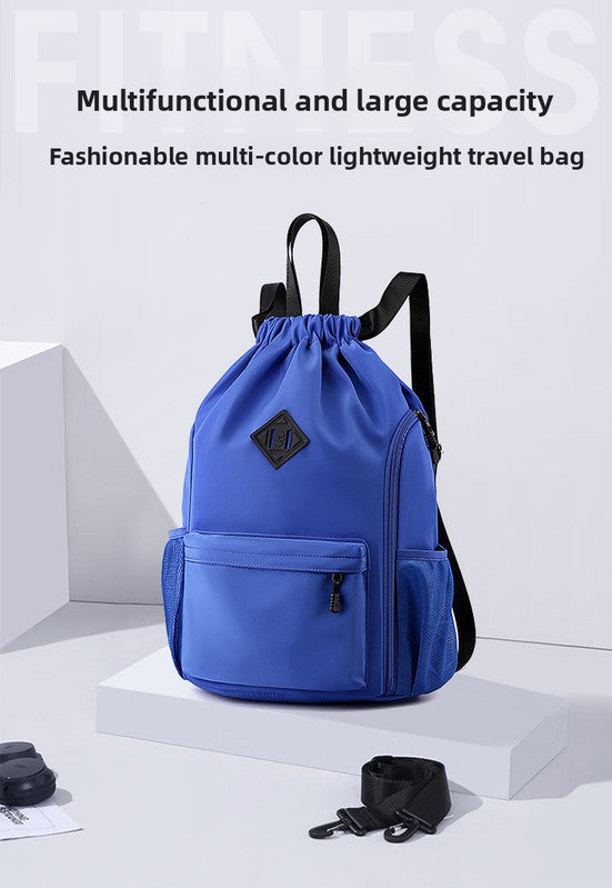 Large Drawstring Backpack Waterproof Gym Bag Lightweight Sports Sackpack with Zipper Pockets for Travel and Swimming Gray