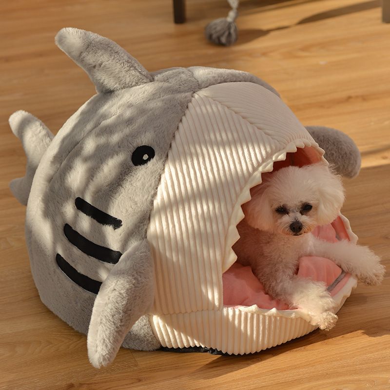 Novelty Shark Pet Cave Bed Enclosed Cozy Sleeping Nest for Cats and Small Dogs Soft Flannel Year Round Comfort Light Blue M Size