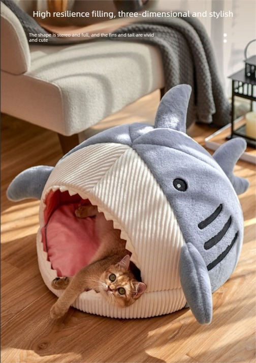 Novelty Shark Pet Cave Bed Enclosed Cozy Sleeping Nest for Cats and Small Dogs Soft Flannel Year Round Comfort Light Gray L Size