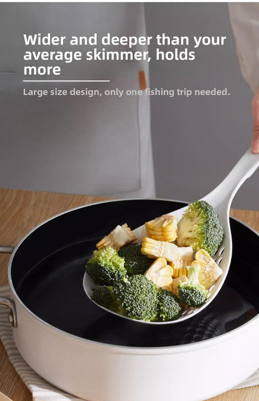 2 Pack Large Skimmer Slotted Spoon Colander Scoop - Long Handle Heat Resistant Food Strainer for Pasta, Noodles & Dumplings - White & Orange