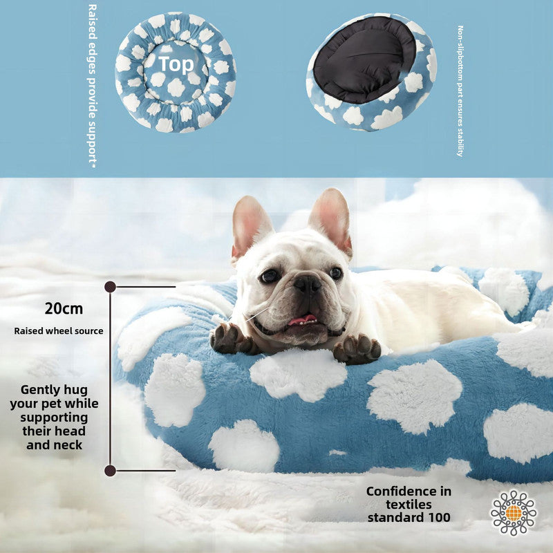 50cm Round Pet Bed Blue Sky & Clouds Design - Soft Plush Donut Cuddler for Small Dogs & Cats - Calming Anxiety Relief & All-Season Comfort