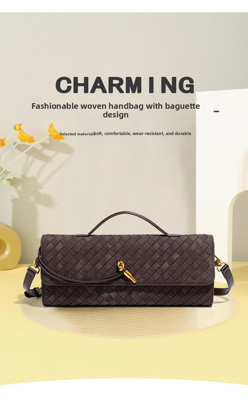 Retro Woven Baguette Handbag for Women Suede Texture PU Leather Shoulder Crossbody Bag Elegant Evening Clutch Sand color