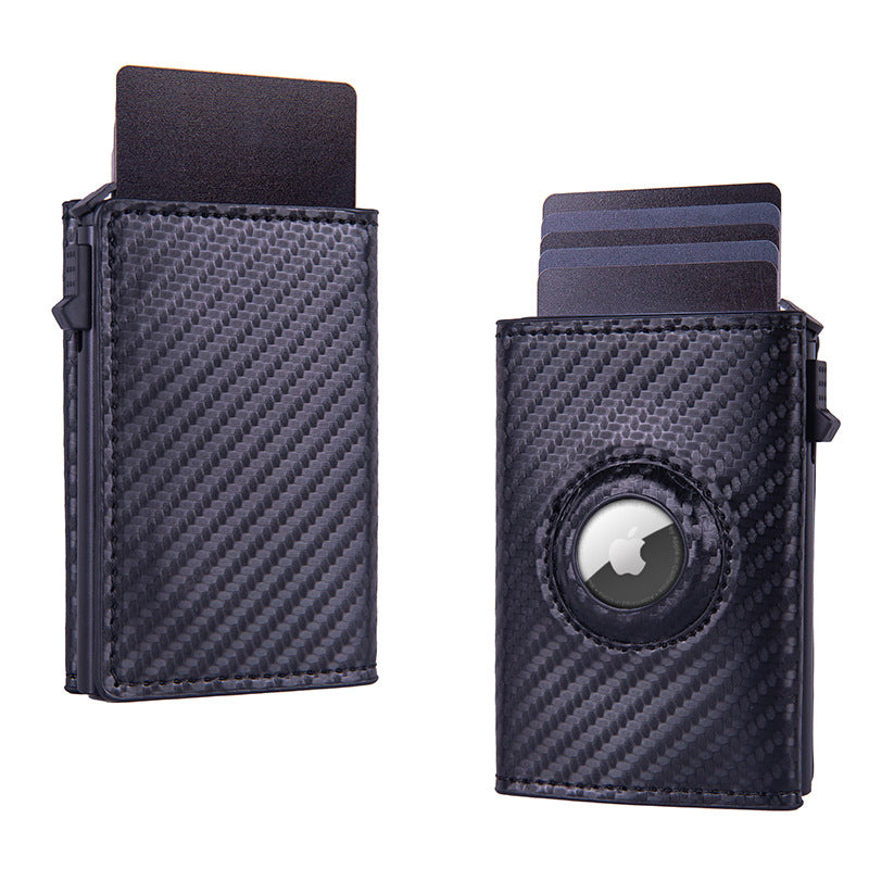 RFID Blocking Pop-Up Card Wallet with AirTag Holder - Carbon Fiber Texture Aluminum Smart Wallet - Automatic Slider Mechanism with Cash Compartment - Black (AirTag Not Included)