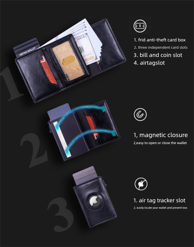 RFID Blocking Pop-Up Card Wallet with AirTag Holder - Carbon Fiber Texture Aluminum Smart Wallet - Automatic Slider Mechanism with Cash Compartment - Black (AirTag Not Included)