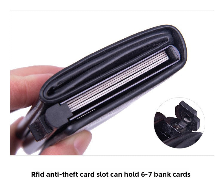 RFID Blocking Pop-Up Card Wallet with AirTag Holder - Automatic Slider Aluminium Smart Case with Cash Slot - Slim Minimalist Blue Leather Design (AirTag Not Included)
