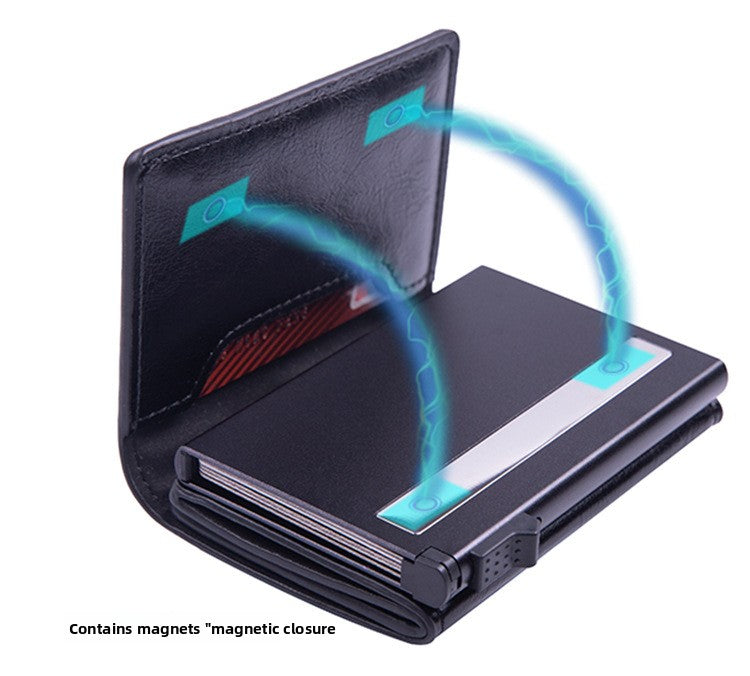 RFID Blocking Pop-Up Card Wallet with AirTag Holder - Automatic Slider Aluminium Smart Case with Cash Slot - Slim Minimalist Blue Leather Design (AirTag Not Included)