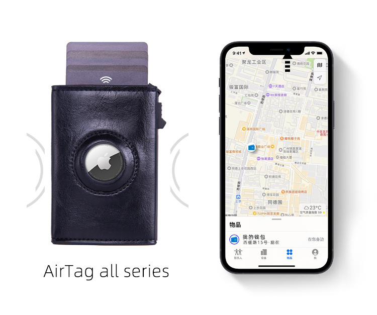 RFID Blocking Pop-Up Card Wallet with AirTag Holder - Automatic Slider Aluminium Smart Case with Cash Slot - Slim Minimalist Blue Leather Design (AirTag Not Included)
