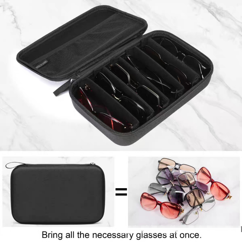 Portable 8-Slot Sunglasses Organiser Case Hard Shell EVA Storage Box Large Capacity Display Holder with Handle Black