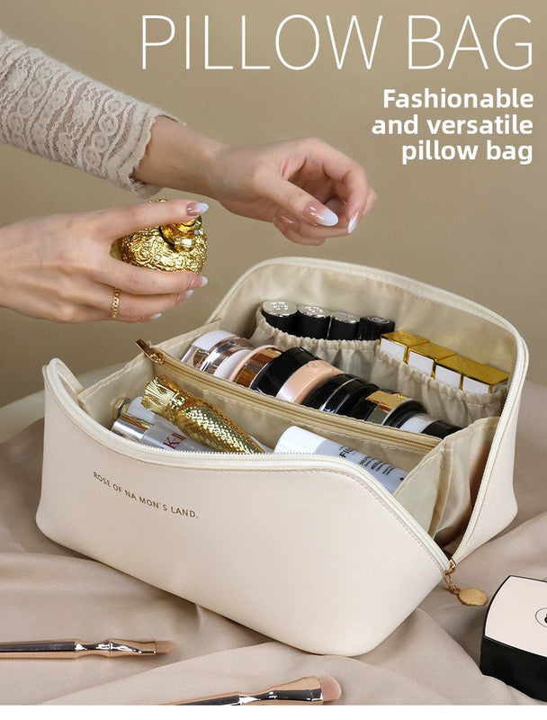 Large Capacity Travel Cosmetic Bag Portable PU Leather Pillow Pouch Waterproof Make Up Organiser Toiletry Case with Handle Classic Black