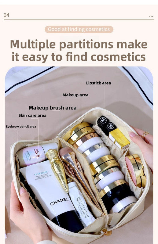 Large Capacity Travel Cosmetic Bag Portable PU Leather Pillow Pouch Waterproof Make Up Organiser Toiletry Case with Handle Mocha Brown