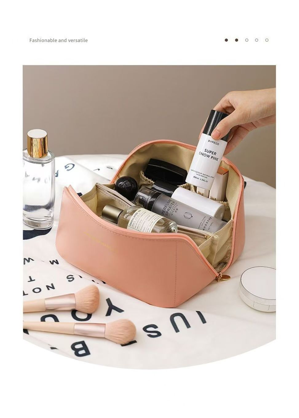Large Capacity Travel Cosmetic Bag Portable PU Leather Pillow Pouch Waterproof Make Up Organiser Toiletry Case with Handle Rose pink