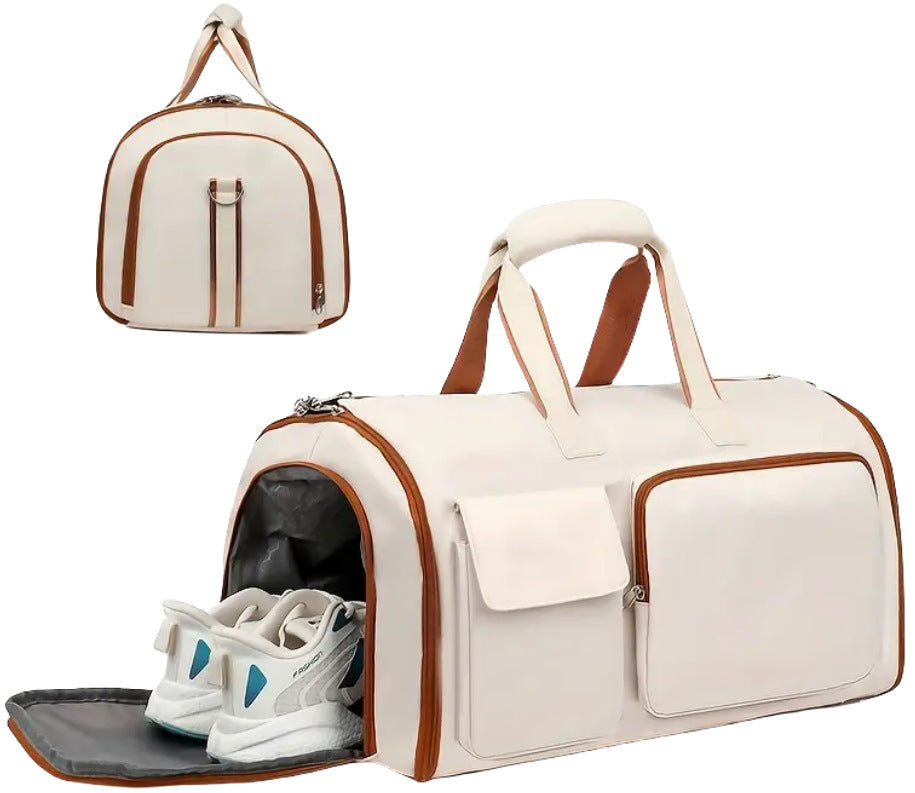 Convertible Travel Garment Bag Large Duffel Suit Carrier with Shoe Compartment & Hidden Backpack Straps Waterproof Beige White