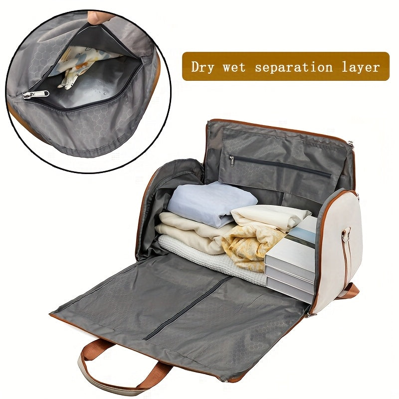 Convertible Travel Garment Bag Large Duffel Suit Carrier with Shoe Compartment & Hidden Backpack Straps Waterproof Beige White