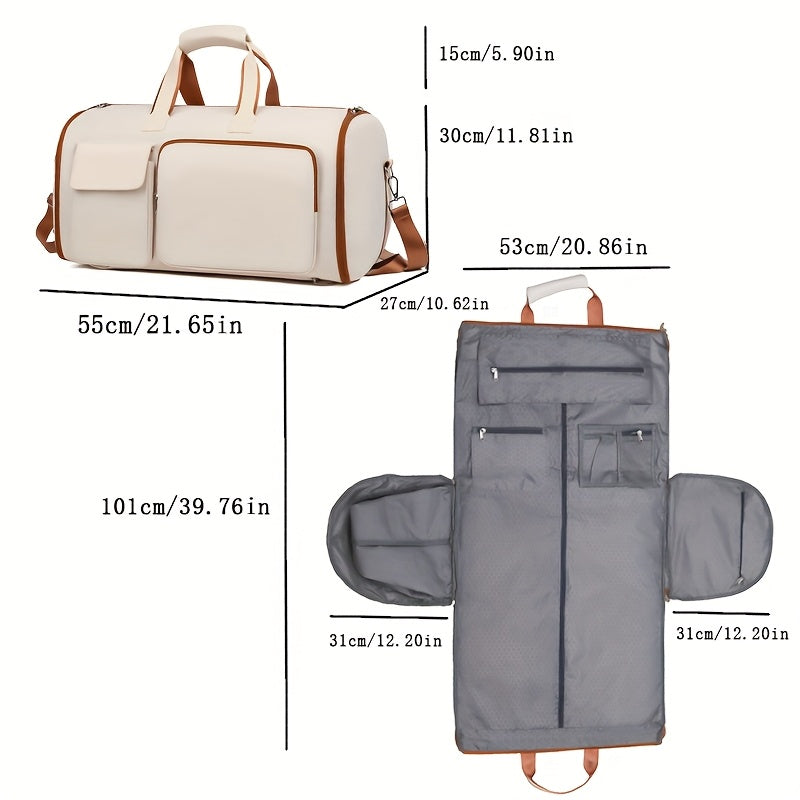 Convertible Travel Garment Bag Large Duffel Suit Carrier with Shoe Compartment & Hidden Backpack Straps Waterproof Beige White