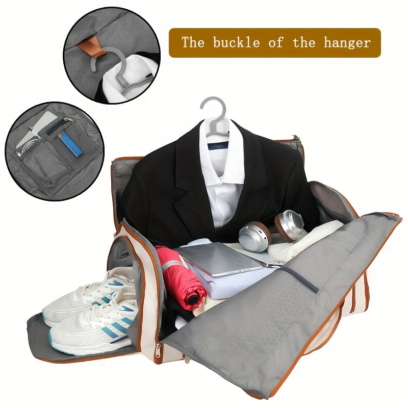 Convertible Travel Garment Bag Large Duffel Suit Carrier with Shoe Compartment & Hidden Backpack Straps Waterproof Beige White