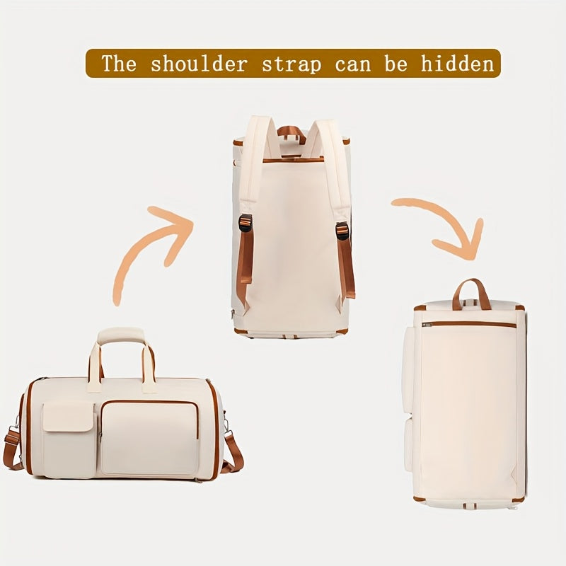 Convertible Travel Garment Bag Large Duffel Suit Carrier with Shoe Compartment & Hidden Backpack Straps Waterproof Beige White