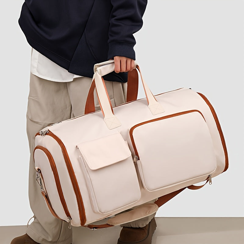 Convertible Travel Garment Bag Large Duffel Suit Carrier with Shoe Compartment & Hidden Backpack Straps Waterproof Beige White