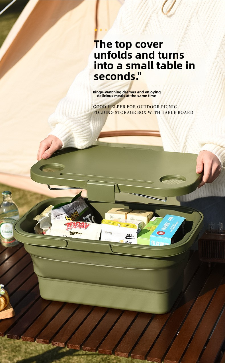 Collapsible Picnic Basket with Mini Table Lid Portable Folding Storage Crate with Cup Holders and Phone Stand Multi-Functional Outdoor Camping Sink Basin Green