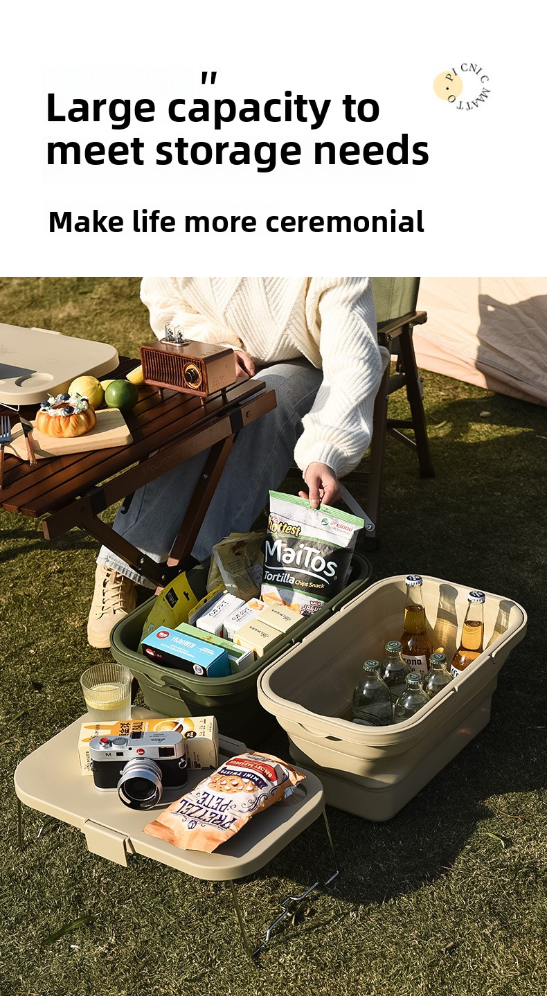 Collapsible Picnic Basket with Mini Table Lid Portable Folding Storage Crate with Cup Holders and Phone Stand Multi-Functional Outdoor Camping Sink Basin Green