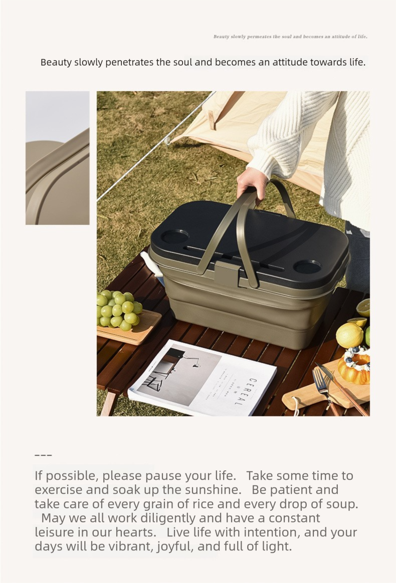 Collapsible Picnic Basket with Mini Table Lid Portable Folding Storage Crate with Cup Holders and Phone Stand Multi-Functional Outdoor Camping Sink Basin Green