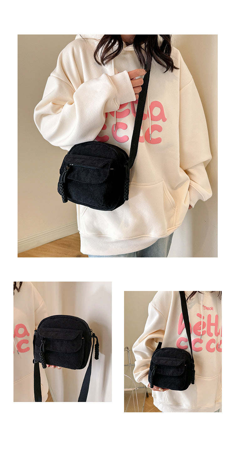 Corduroy Crossbody Bag Mini Messenger Shoulder Purse Adjustable Strap Vintage Style Casual Streetwear Phone Pouch Brown