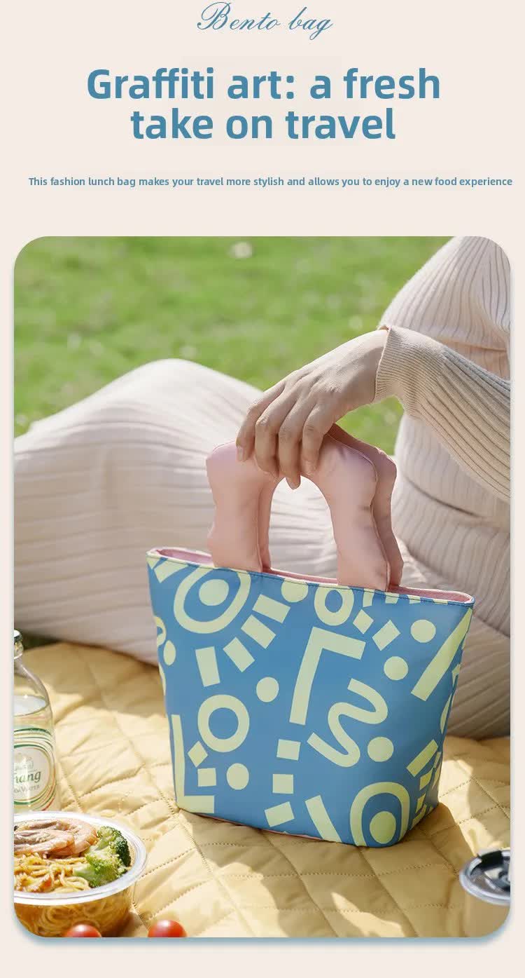 Insulated Lunch Bag Tote Fashion Graffiti Print with Soft Padded Handle Waterproof Thermal Cooler Bento Case for Work School and Picnics Blue with Purple Handle