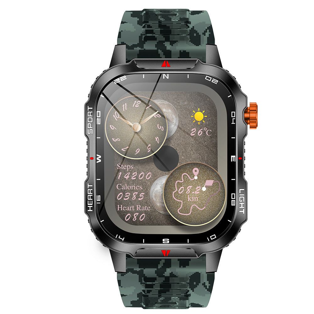 Rugged Outdoor Smart Watch for Men - 1100mAh Extra Long Battery with LED Flashlight & Compass - 2.01" HD Screen Bluetooth Calling IP68 Waterproof Fitness Tracker - Camouflage Color