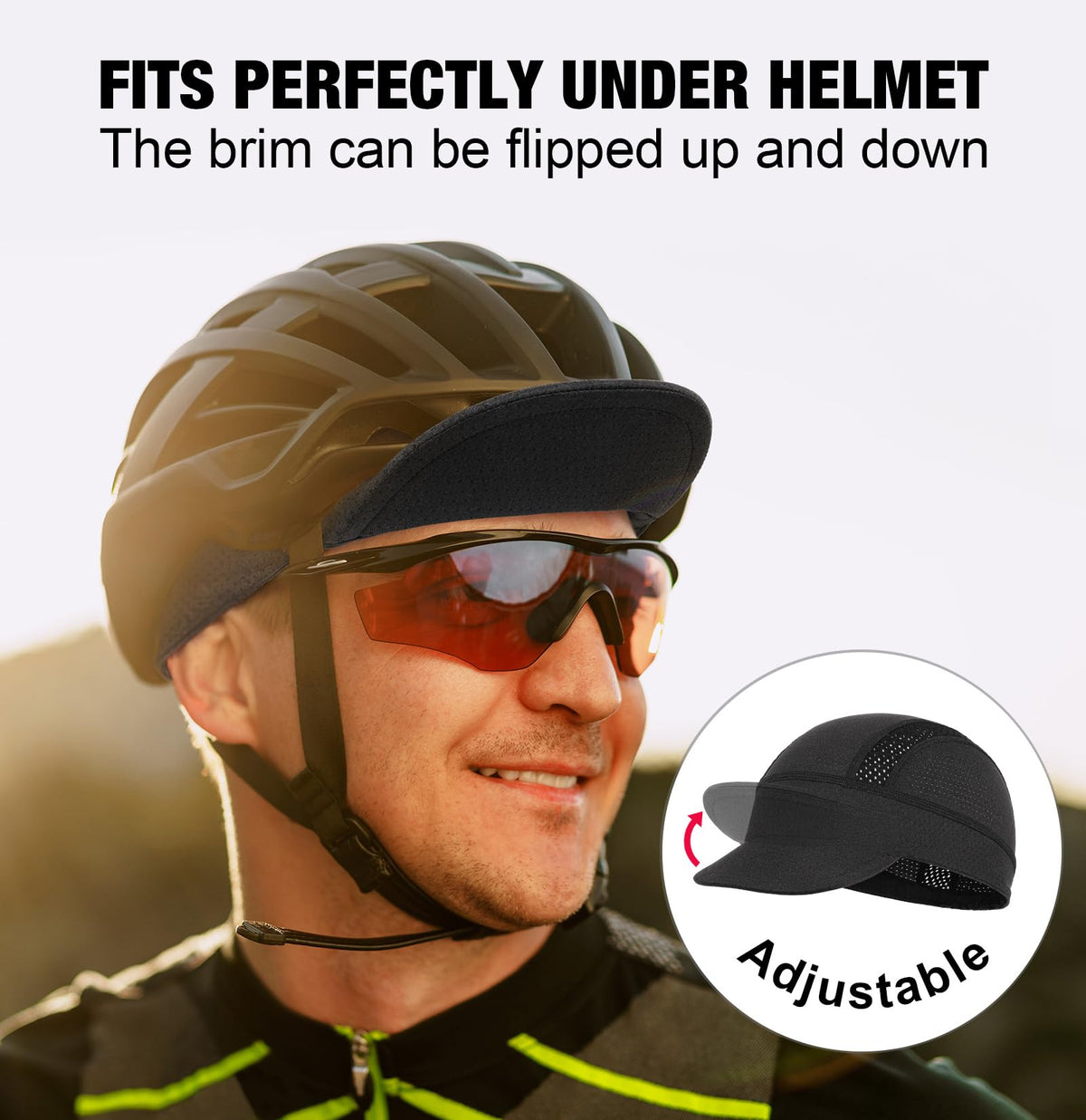 Blue Mesh Cycling Cap Under Helmet Liner Breathable Skull Cap with Flip Up Brim Sun Shade Moisture Wicking Hat for Bike Running Fits 55-60cm