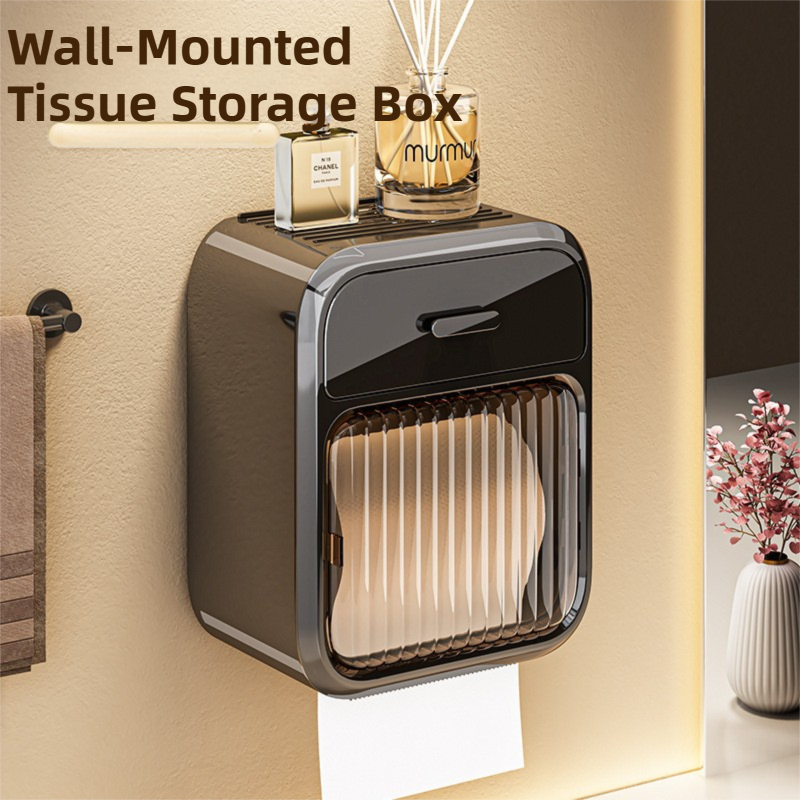 Latte No-Drill Wall Mounted Toilet Paper Holder with Storage Shelf and Drawer - Waterproof Bathroom Tissue Dispenser for Roll & Face Tissue