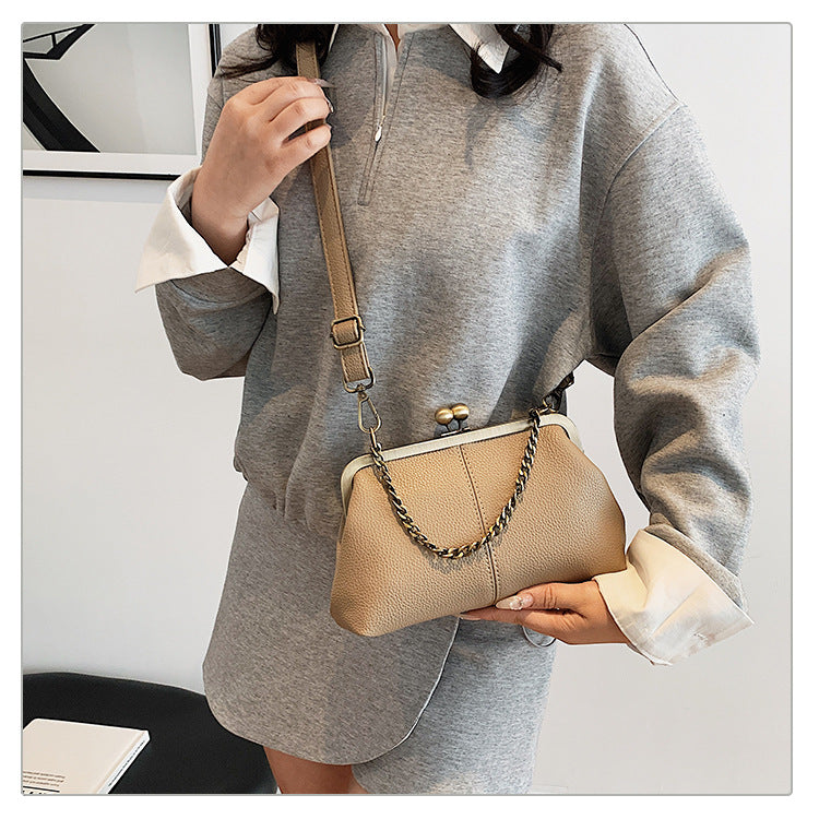 Khaki Purple Retro Women's Shell Handbag - European Style Clip Lock Closure PU Clutch/Shoulder Bag with Chain Strap