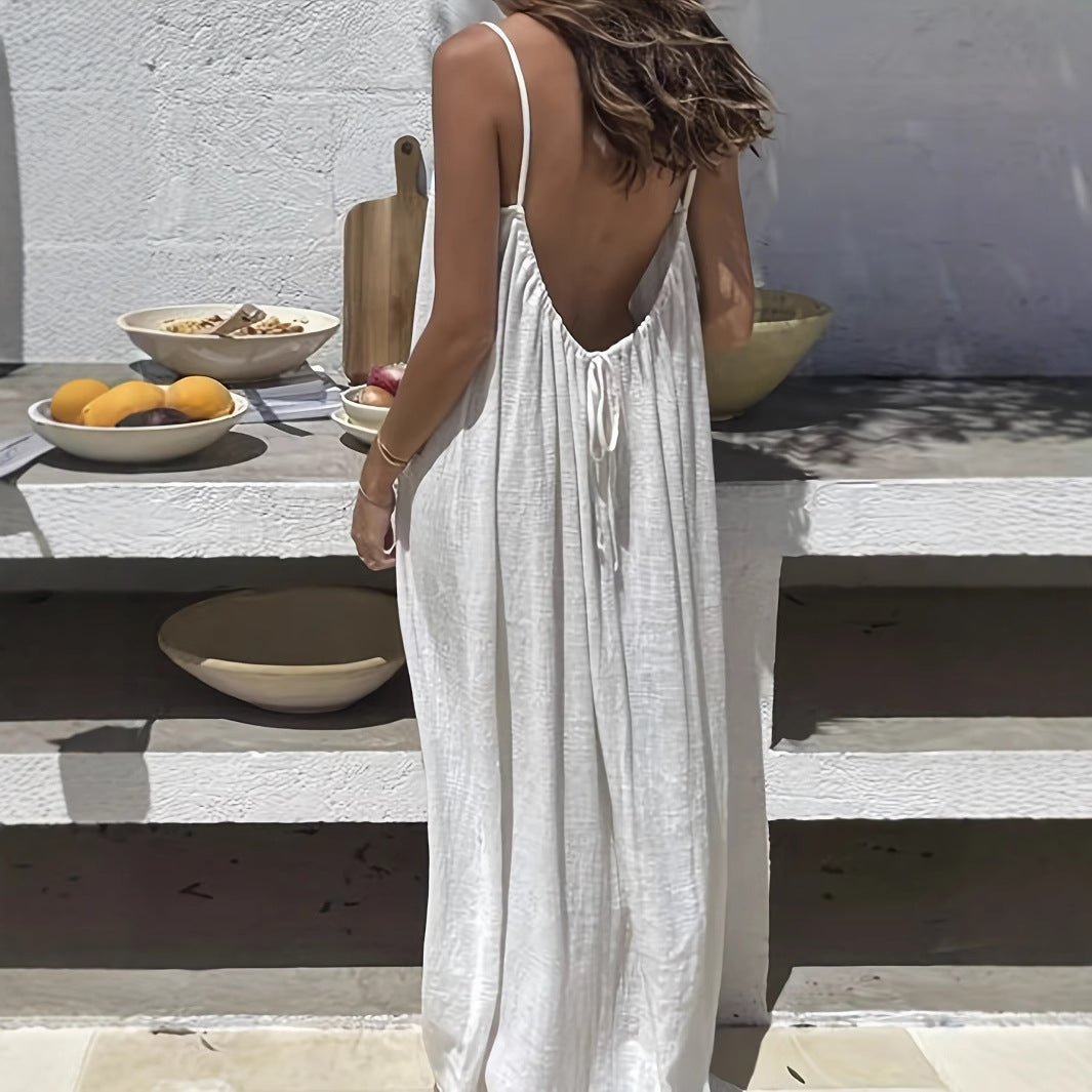 White Women's Crinkle Ice Silk Backless Cami Maxi Dress(Size XL) - Loose Fit Lounge Nightgown Slip Dress, Casual Resort Wear