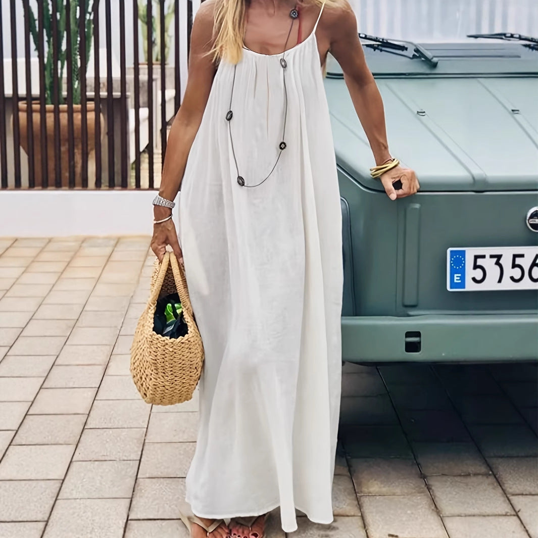 Black Women's Crinkle Ice Silk Backless Cami Maxi Dress(Size XL) - Loose Fit Lounge Nightgown Slip Dress, Casual Resort Wear