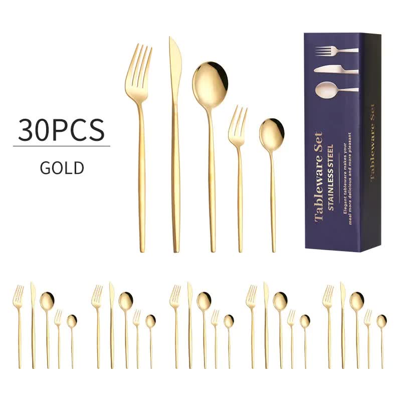 30-Piece Gold Portuguese Style Cutlery Set - Mirror Polished 410 Stainless Steel Dinnerware for 6 (Steak Knives Included)