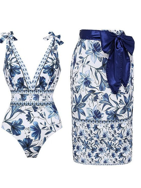 XL Size Blue Print Women's Sexy One-Piece Swimsuit Set With Matching Wrap Skirt - European/American Style Bikini with Built-in Pads